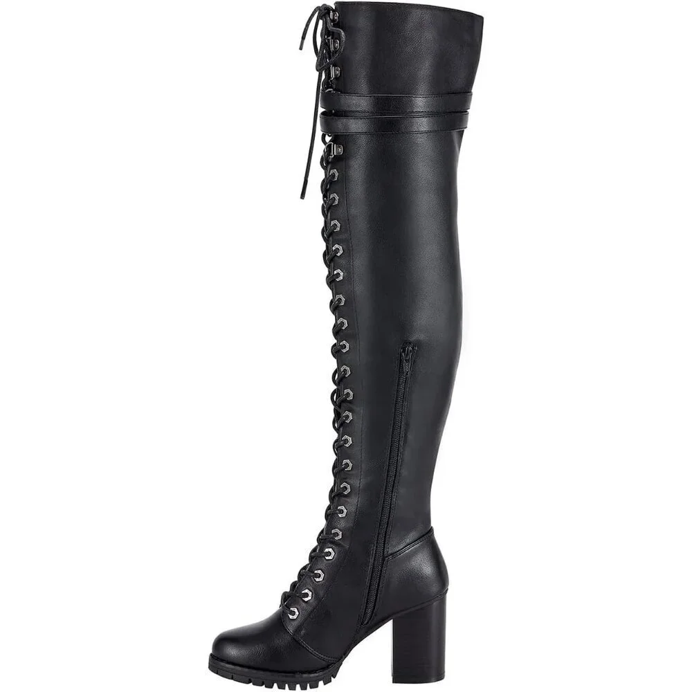 Women's Black Over The Knee Zip Buckle Soft Thigh High Lace Up Tall Boots